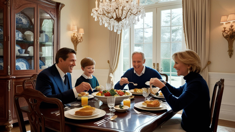 a photo of a family eating together in a mansion