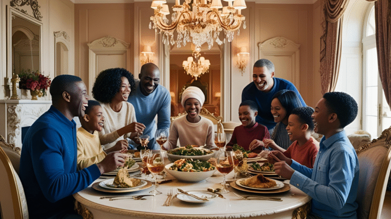 a photo of a family eating together in a mansion