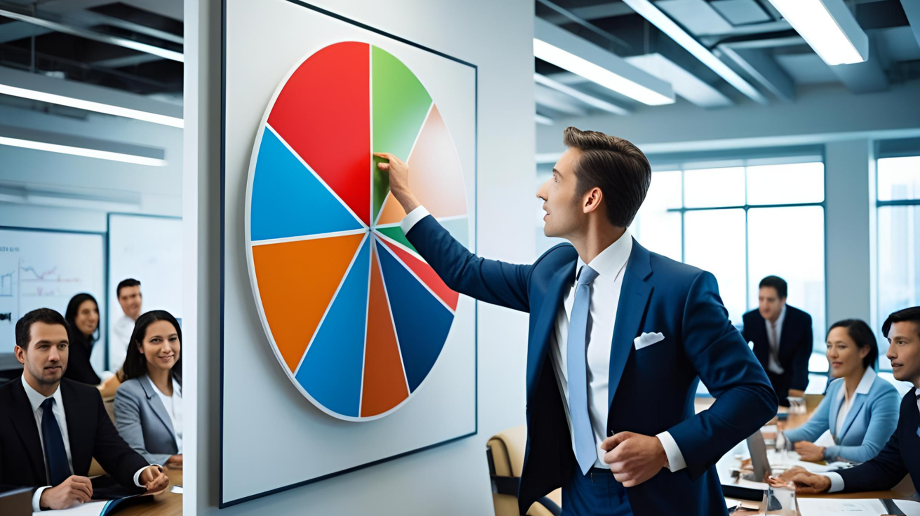 a photo of a man looking at a pie chart