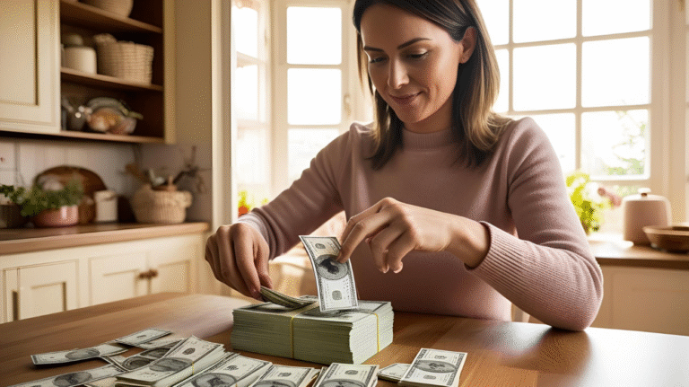 photo of a woman counting money at home