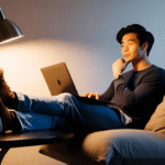 photo of a man siting on a table carrying a laptop