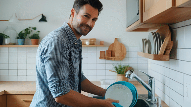 photo of a stay-at-home dad washing plate