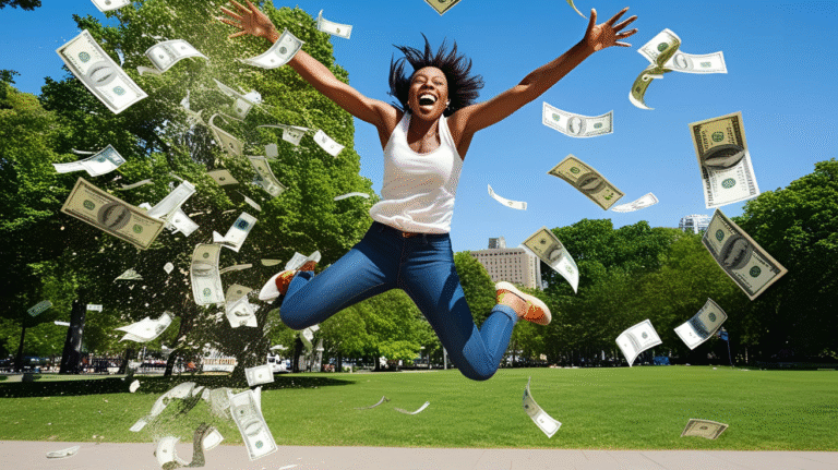 photo of woman jumping with extra money